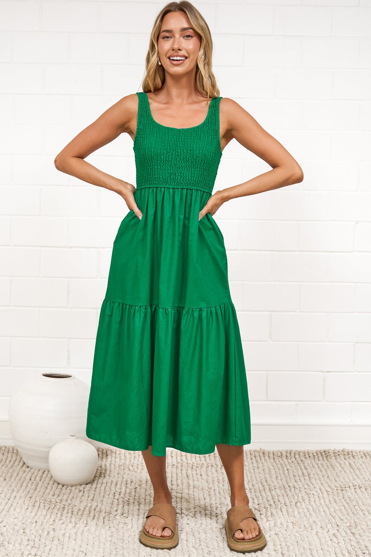 Sarlie Midi Dress - Shirred Bodice Cotton/Linen Blend Tiered Dress in Green