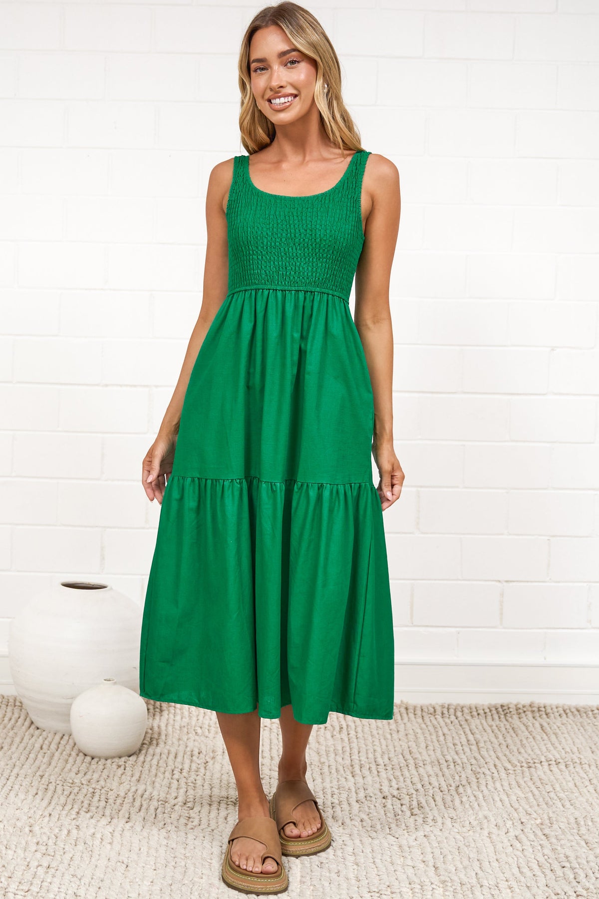 Sarlie Midi Dress - Shirred Bodice Cotton/Linen Blend Tiered Dress in Green