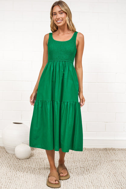 Sarlie Midi Dress - Shirred Bodice Cotton/Linen Blend Tiered Dress in Green