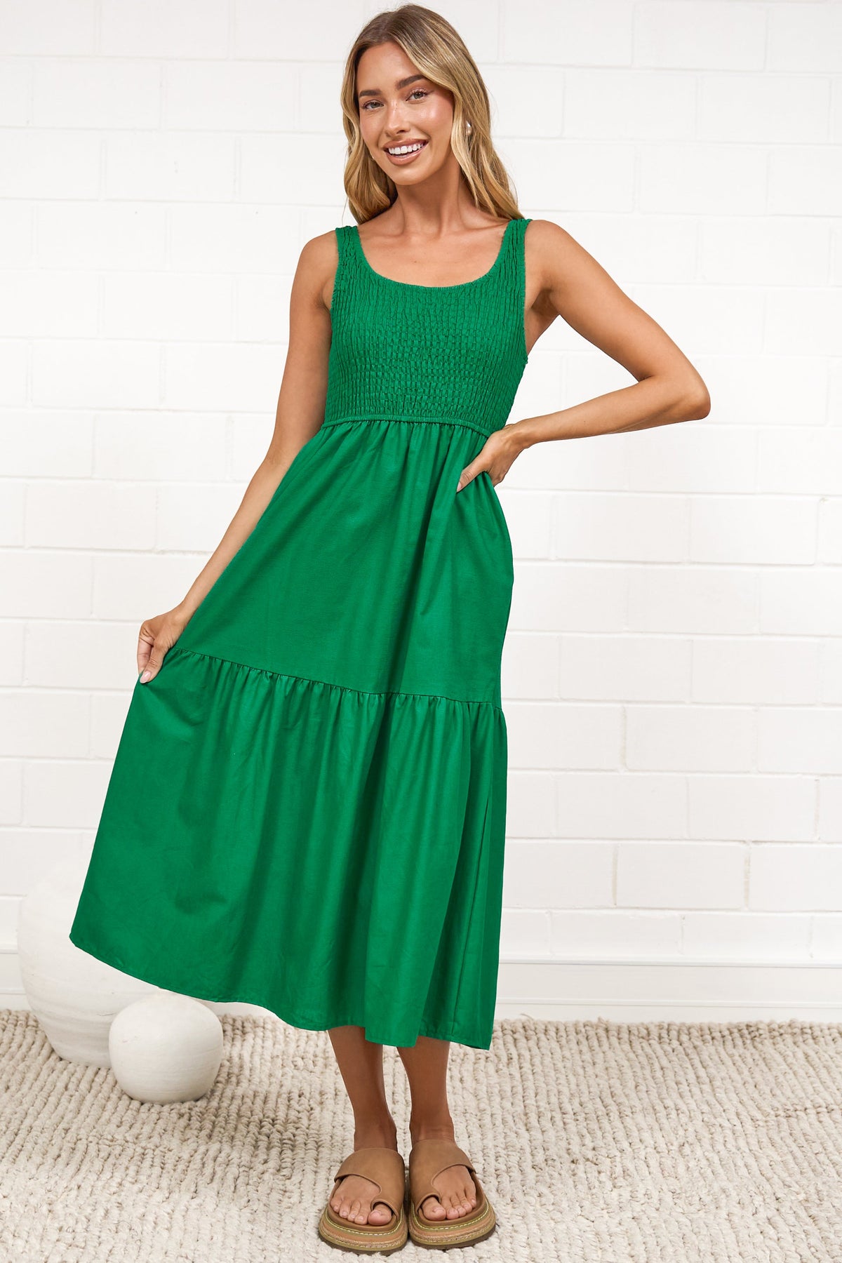 Sarlie Midi Dress - Shirred Bodice Cotton/Linen Blend Tiered Dress in Green