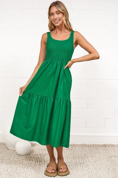 Sarlie Midi Dress - Shirred Bodice Cotton/Linen Blend Tiered Dress in Green