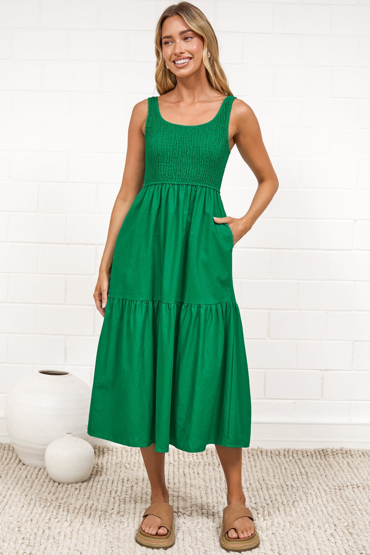 Sarlie Midi Dress - Shirred Bodice Cotton/Linen Blend Tiered Dress in Green