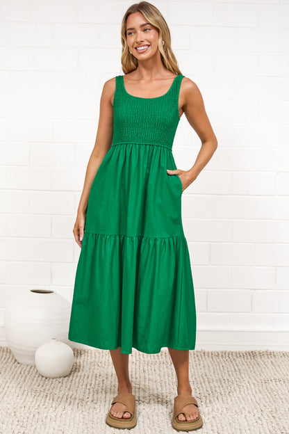 Sarlie Midi Dress - Shirred Bodice Cotton/Linen Blend Tiered Dress in Green