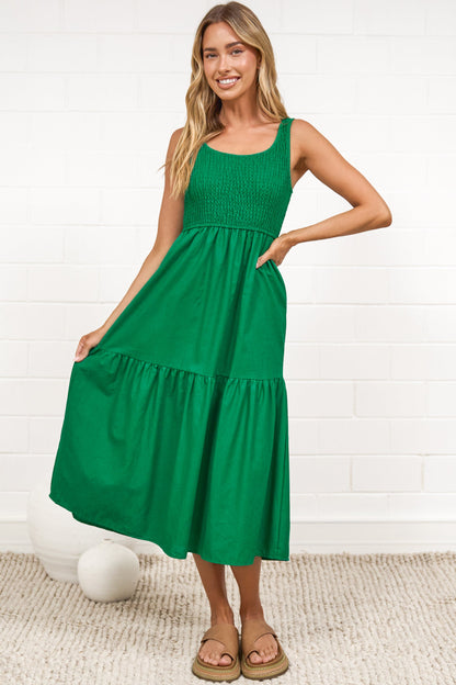 Sarlie Midi Dress - Shirred Bodice Cotton/Linen Blend Tiered Dress in Green