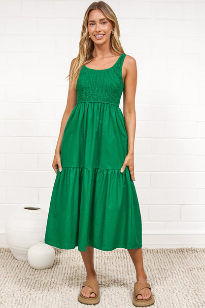 Sarlie Midi Dress - Shirred Bodice Cotton/Linen Blend Tiered Dress in Green