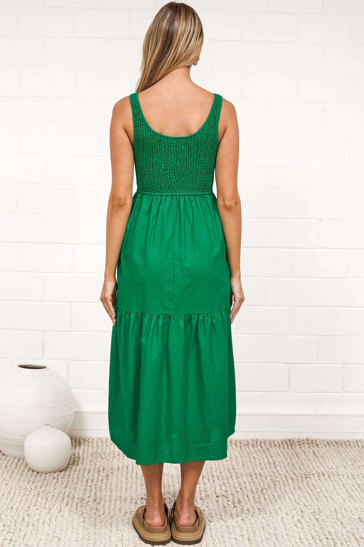 Sarlie Midi Dress - Shirred Bodice Cotton/Linen Blend Tiered Dress in Green