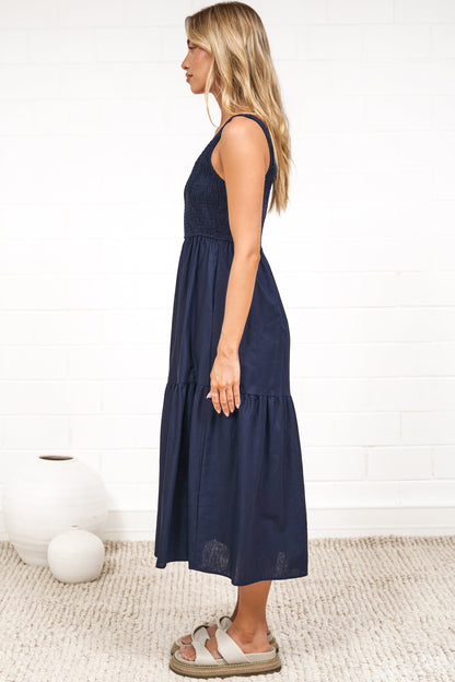 Sarlie Midi Dress - Shirred Bodice Cotton/Linen Blend Tiered Dress in Navy