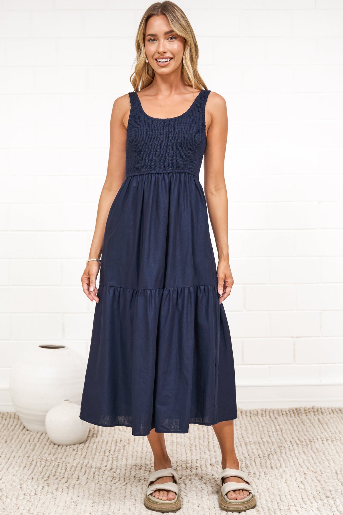 Sarlie Midi Dress - Shirred Bodice Cotton/Linen Blend Tiered Dress in Navy