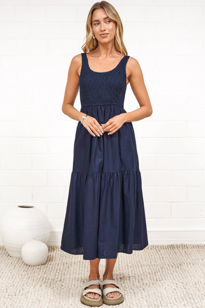 Sarlie Midi Dress - Shirred Bodice Cotton/Linen Blend Tiered Dress in Navy
