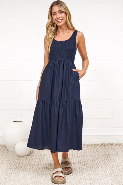 Sarlie Midi Dress - Shirred Bodice Cotton/Linen Blend Tiered Dress in Navy