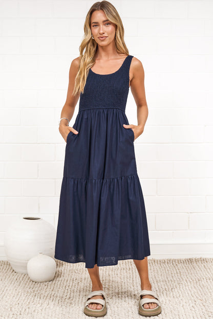 Sarlie Midi Dress - Shirred Bodice Cotton/Linen Blend Tiered Dress in Navy