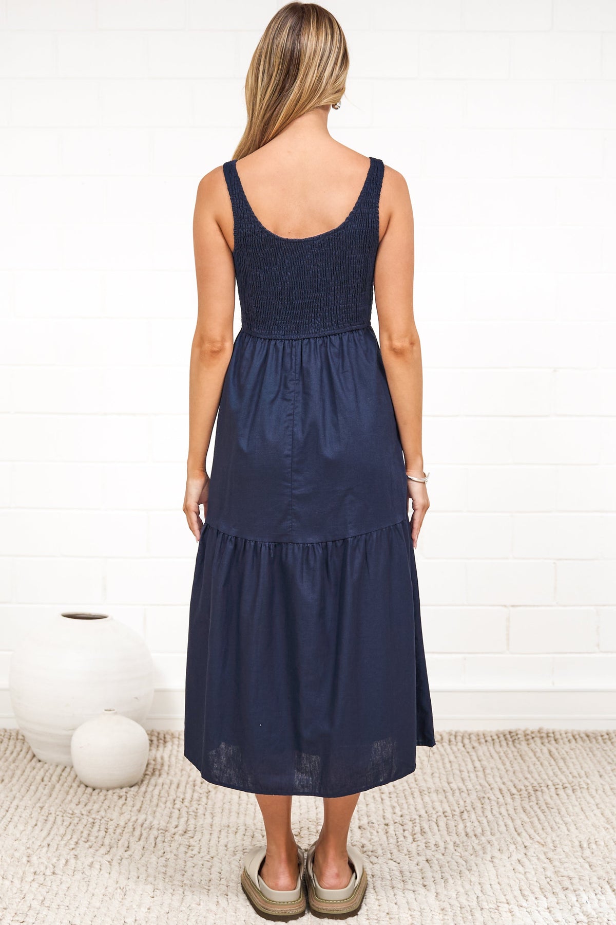 Sarlie Midi Dress - Shirred Bodice Cotton/Linen Blend Tiered Dress in Navy