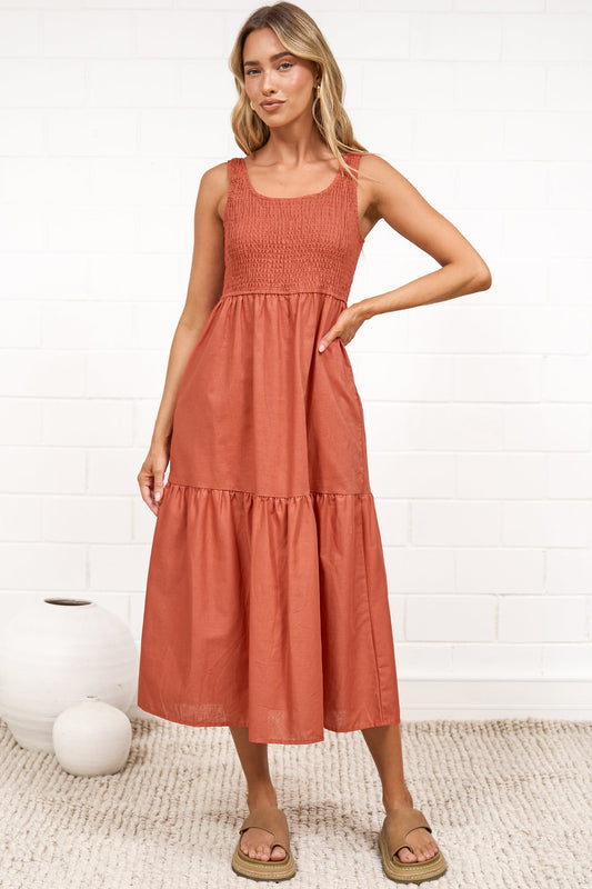 Sarlie Midi Dress - Shirred Bodice Cotton/Linen Blend Tiered Dress in Orange