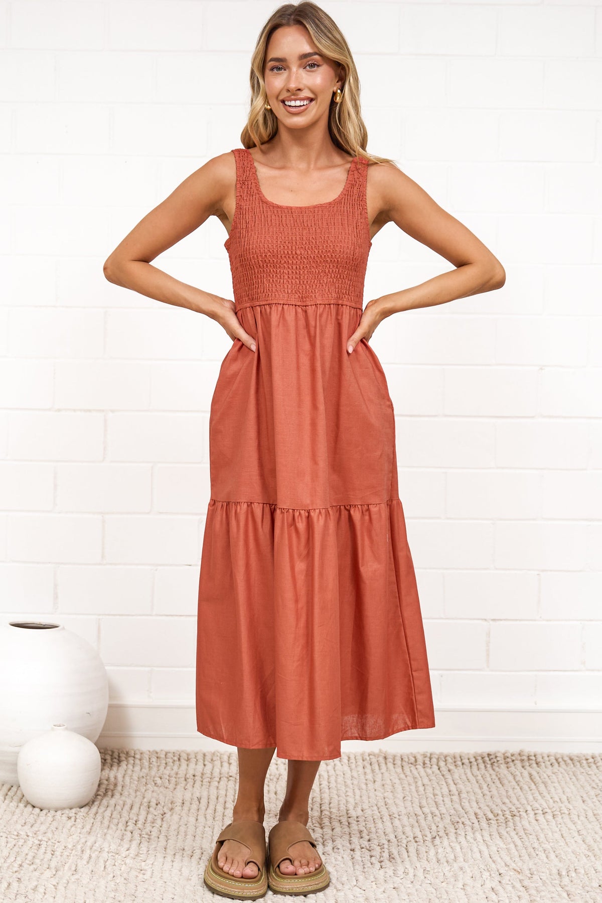 Sarlie Midi Dress - Shirred Bodice Cotton/Linen Blend Tiered Dress in Orange
