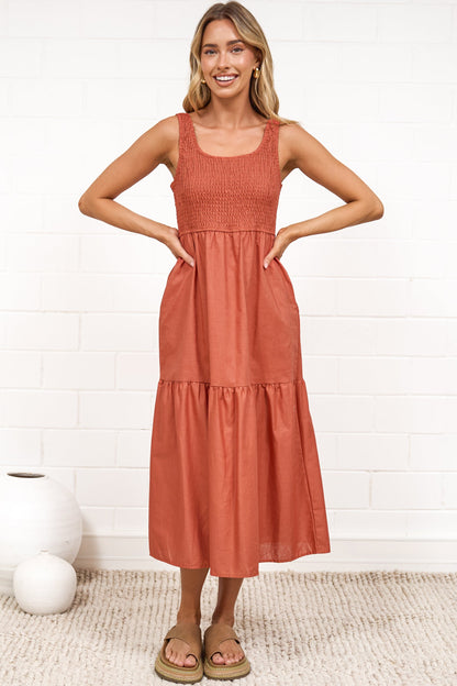 Sarlie Midi Dress - Shirred Bodice Cotton/Linen Blend Tiered Dress in Orange