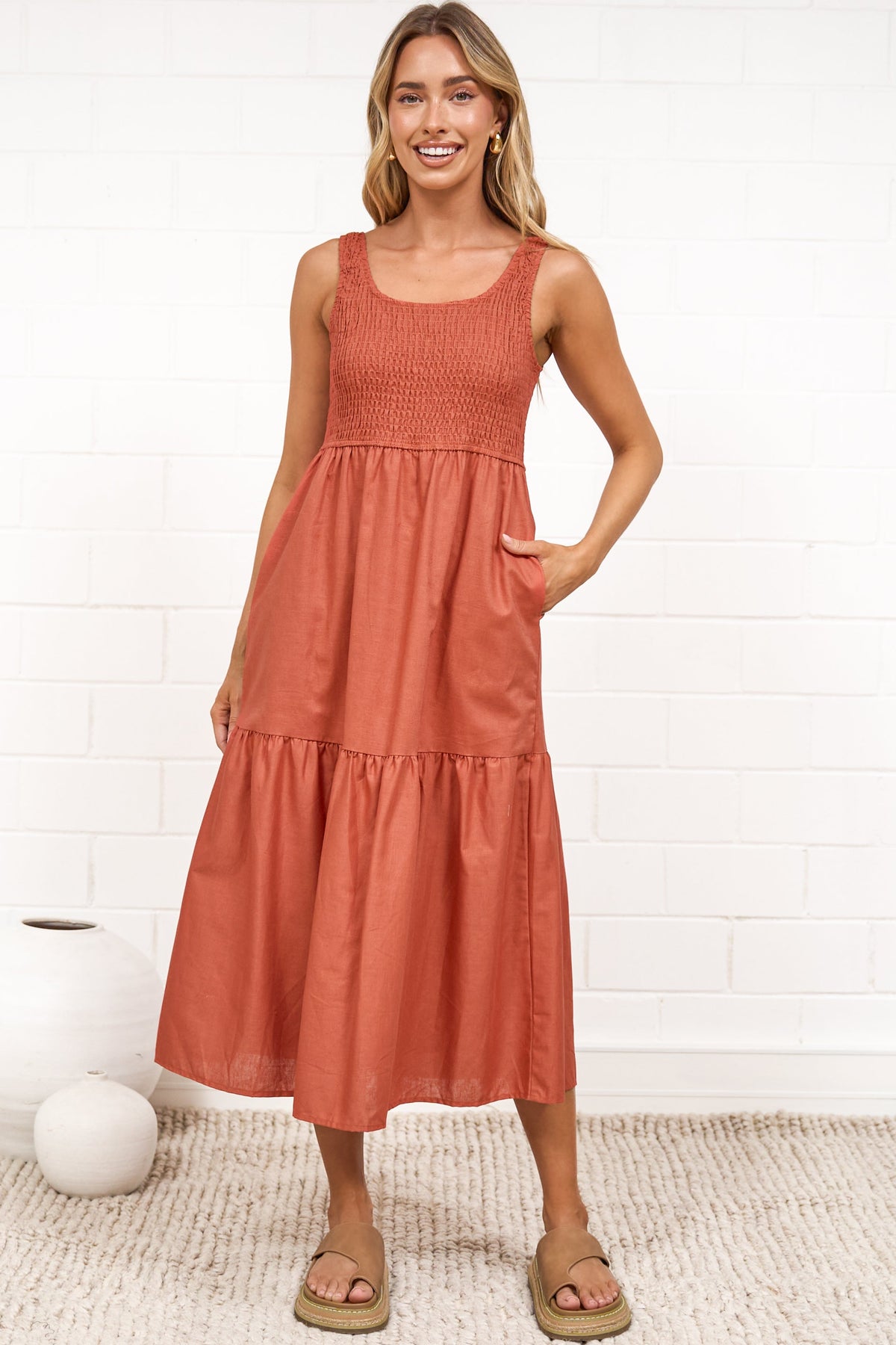 Sarlie Midi Dress - Shirred Bodice Cotton/Linen Blend Tiered Dress in Orange