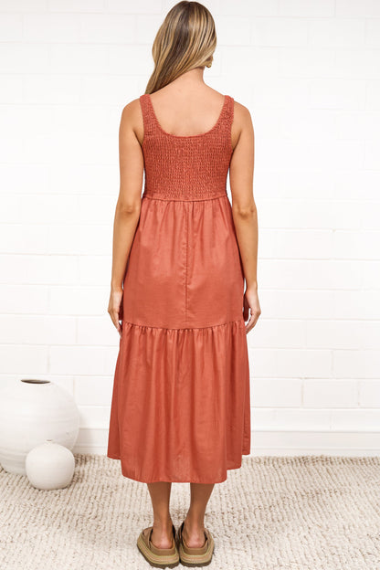 Sarlie Midi Dress - Shirred Bodice Cotton/Linen Blend Tiered Dress in Orange