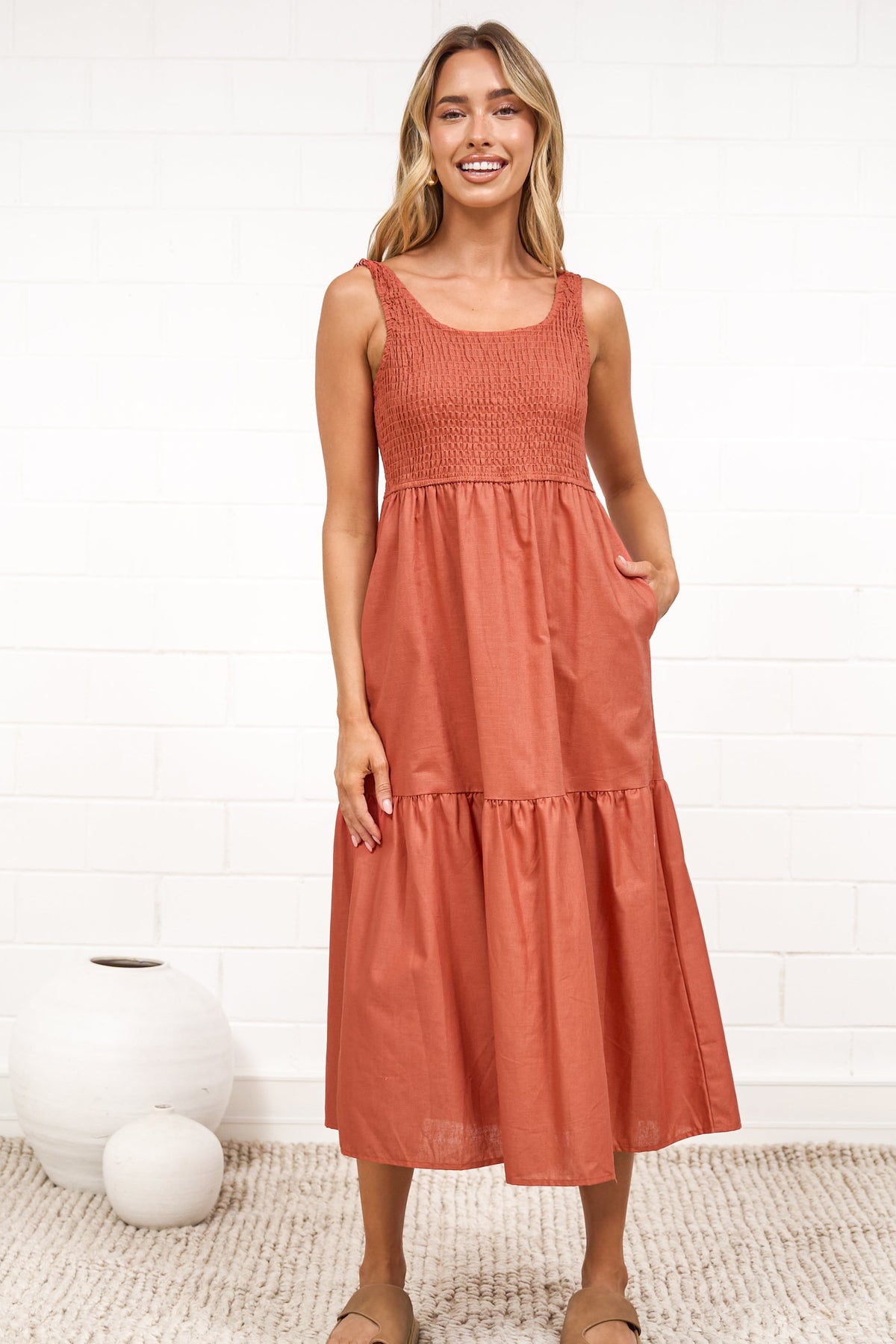 Sarlie Midi Dress - Shirred Bodice Cotton/Linen Blend Tiered Dress in Orange