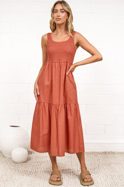 Sarlie Midi Dress - Shirred Bodice Cotton/Linen Blend Tiered Dress in Orange