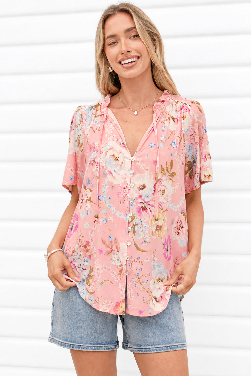 Scheana Blouse - Frill Collar Button Down with Flutter Sleeves in Ginnee Print