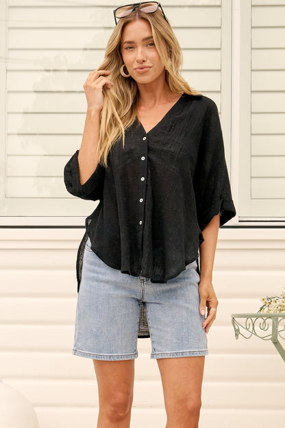 Shelly Shirt - Linen Collared Button Down Shirt in Black