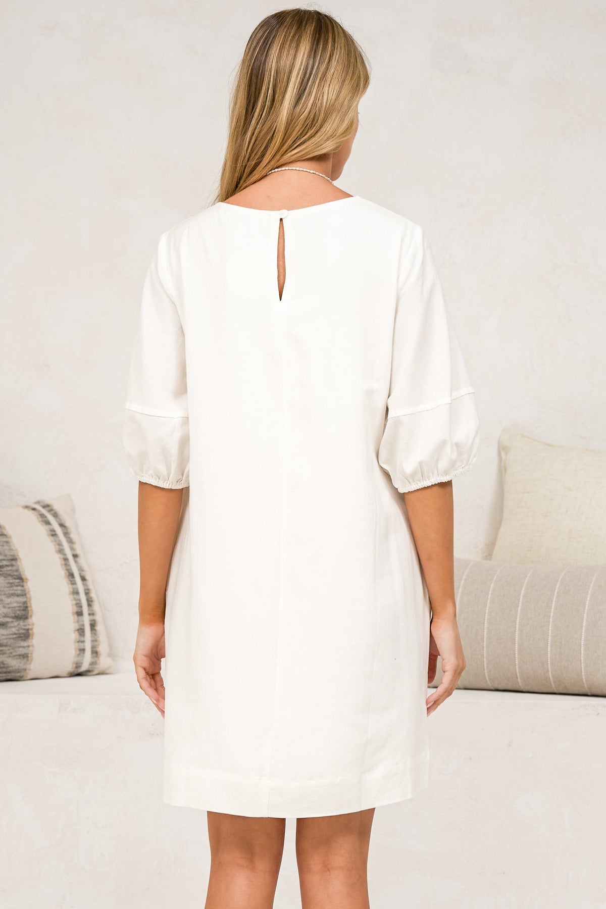 Spencer Mini Dress - Boxy Shift Dress with Puff Sleeves and Pockets in White