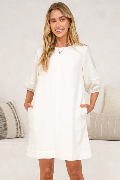 Spencer Mini Dress - Boxy Shift Dress with Puff Sleeves and Pockets in White