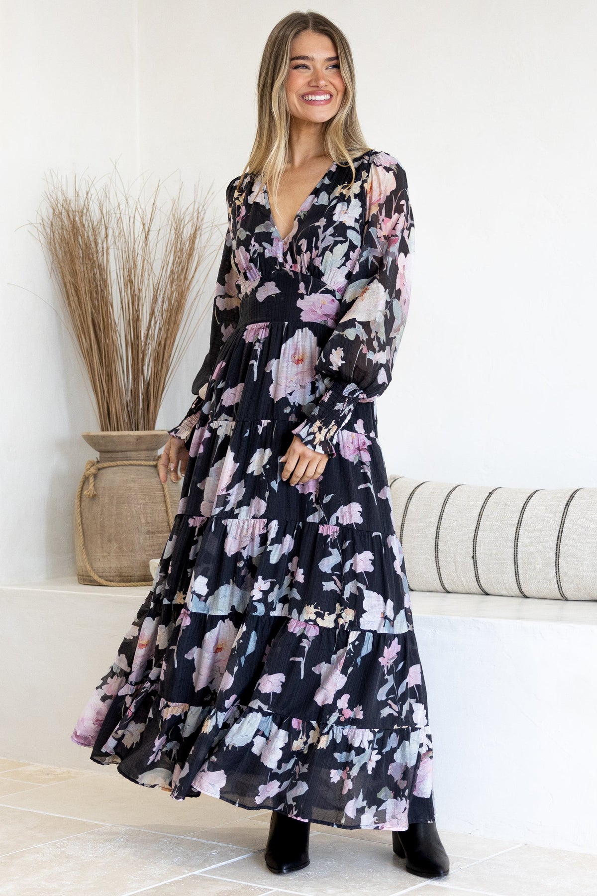 Trina Maxi Dress - Deep V Neck Tiered A-Line Dress with Balloon Sleeves in Bronson Print