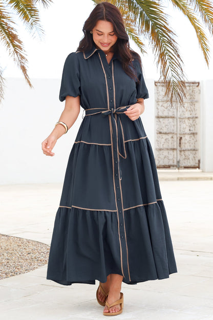 Valencia Maxi Dress - Collared Tiered Button Down Dress with Contrast Trim in Navy