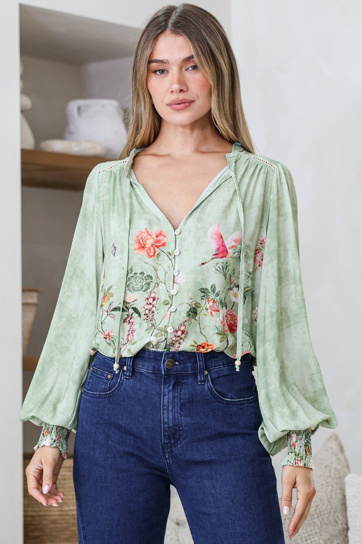 Violet Blouse - Frill Collar Button Down Balloon Sleeve Top in Ferngully Print