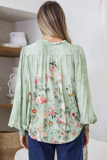 Violet Blouse - Frill Collar Button Down Balloon Sleeve Top in Ferngully Print