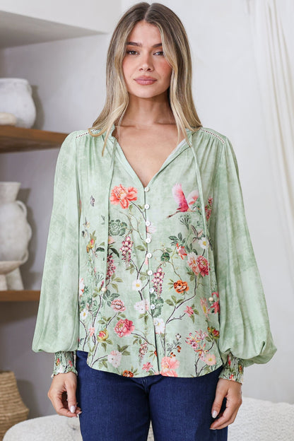 Violet Blouse - Frill Collar Button Down Balloon Sleeve Top in Ferngully Print