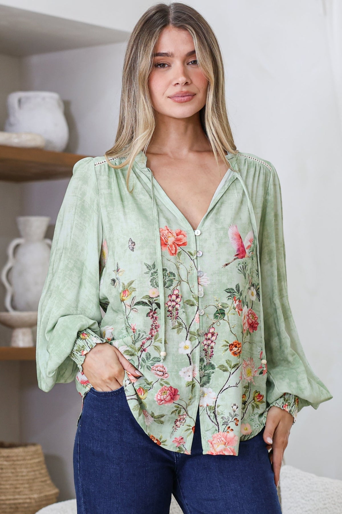 Violet Blouse - Frill Collar Button Down Balloon Sleeve Top in Ferngully Print
