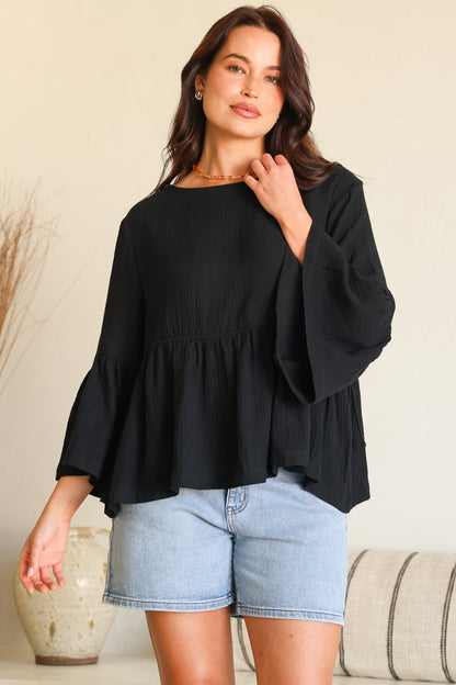 Yvanna Top - Boatneck Adjustable Waist Cheesecloth Cotton Top in Black