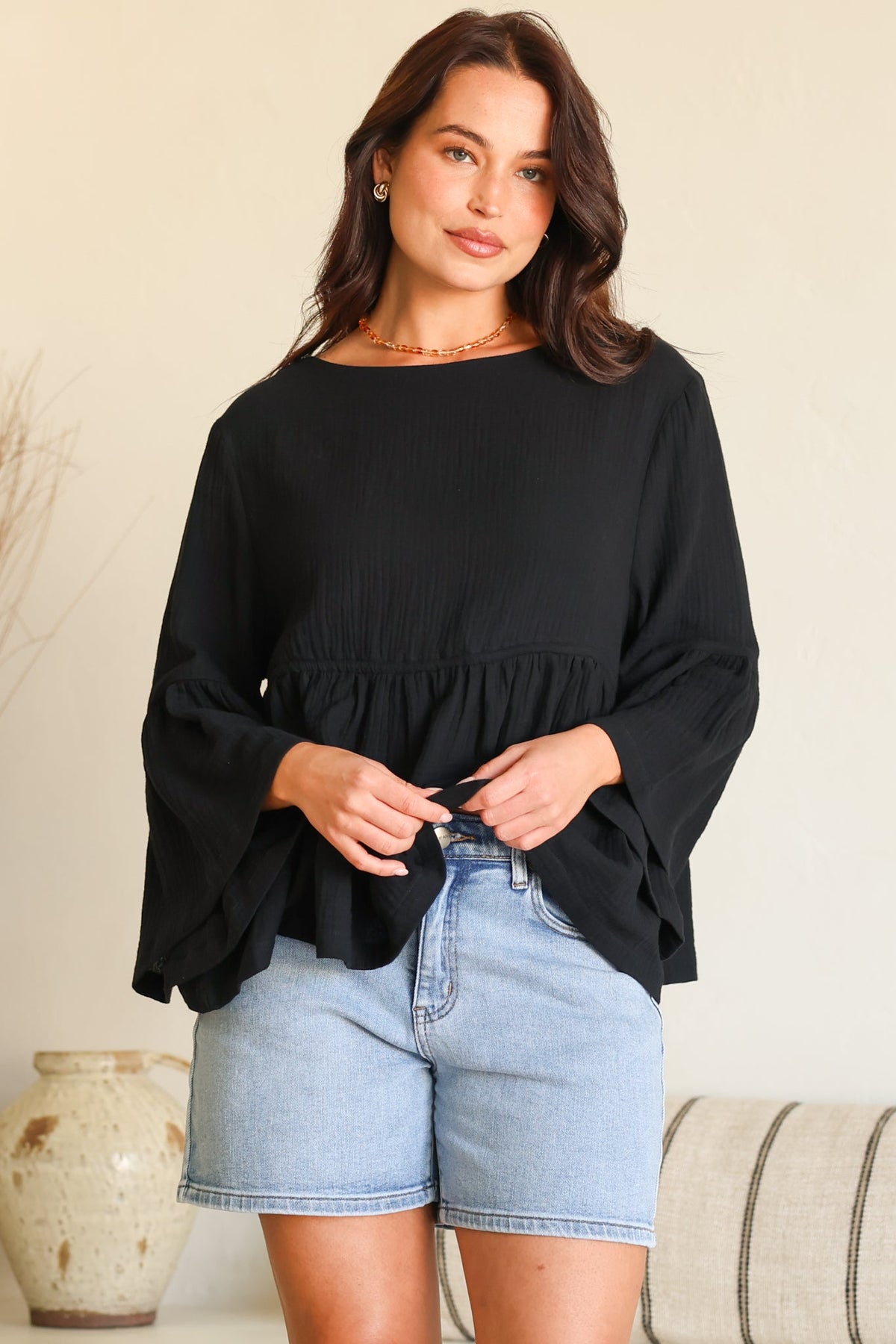 Yvanna Top - Boatneck Adjustable Waist Cheesecloth Cotton Top in Black