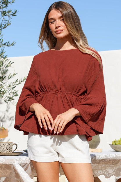 Yvanna Top - Boatneck Adjustable Waist Cheesecloth Cotton Top in Terracota