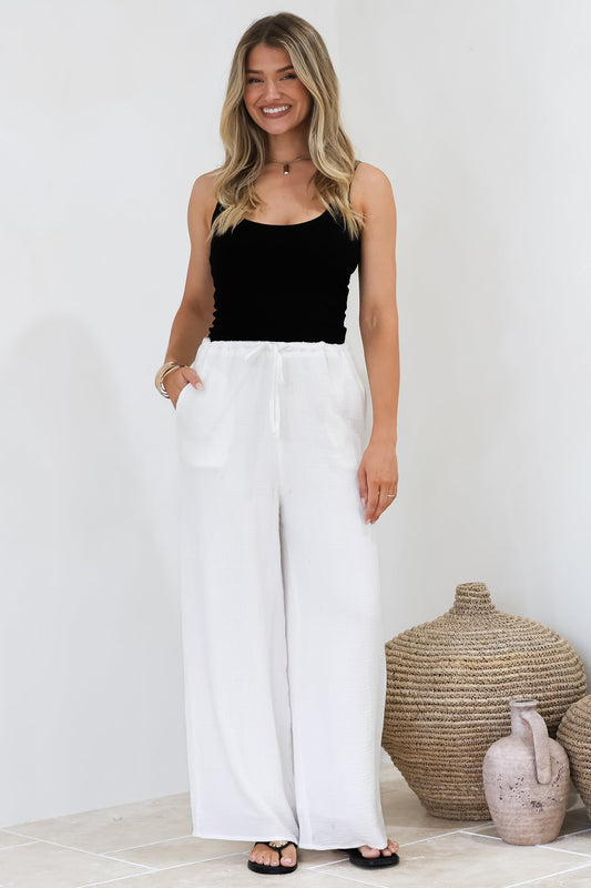 Zafira Pants - High Waisted Cheesecloth Pants with Waist Tie in White