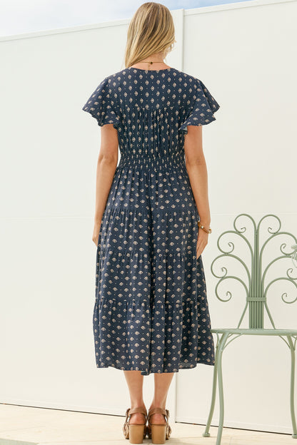 Zimmy Midi Dress - V Neck Button Down A-Line Dress with Flutter Sleeves in Kendy Print Navy