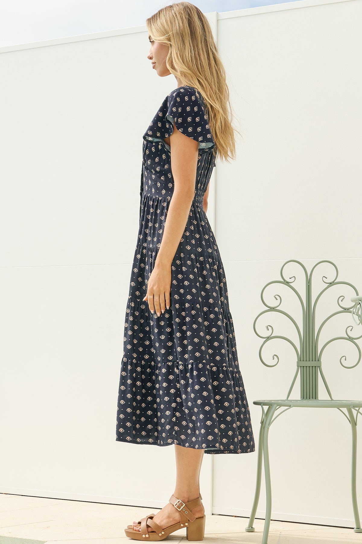 Zimmy Midi Dress - V Neck Button Down A-Line Dress with Flutter Sleeves in Kendy Print Navy