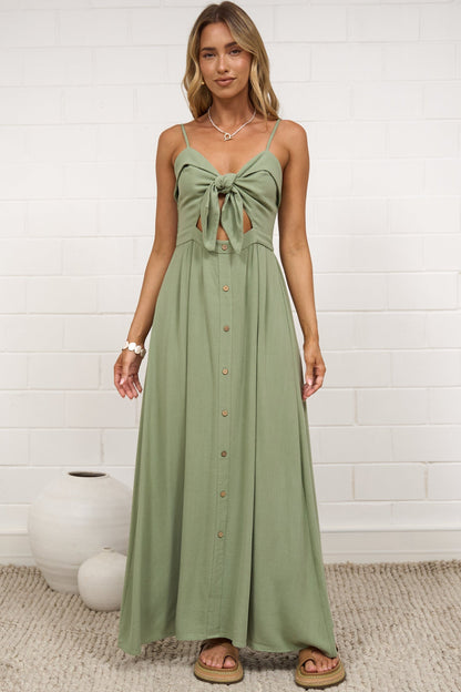 Danila Midi Dress - Front Tie Bodice Cut Out Detail Midi with Adjustable Straps in Sage