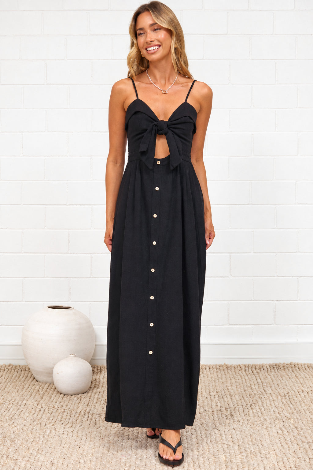 Danila Midi Dress - Front Tie Bodice Cut Out Detail Midi with Adjustable Straps in Black