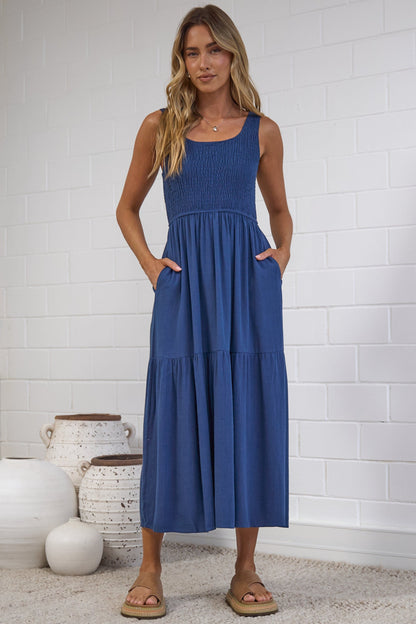 Ramsy Midi Dress - Linen Elasticated Bodice Tiered Sun Dress in Blue