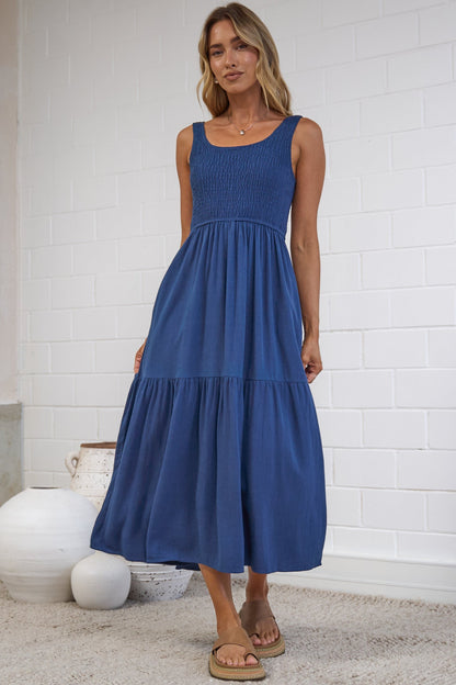 Ramsy Midi Dress - Linen Elasticated Bodice Tiered Sun Dress in Blue
