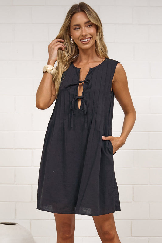 Della Mini Dress - Round Neck Tie Up Bodice Sleeveless Dress in Black