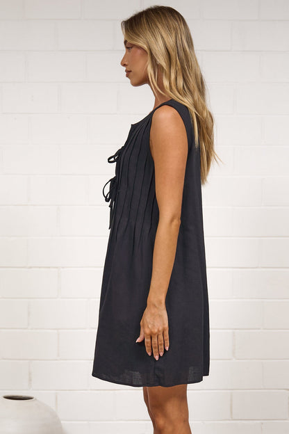 Della Mini Dress - Round Neck Tie Up Bodice Sleeveless Dress in Black
