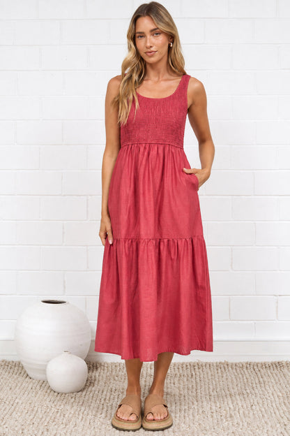 Sarlie Midi Dress - Shirred Bodice Cotton/Linen Blend Tiered Dress in Rust