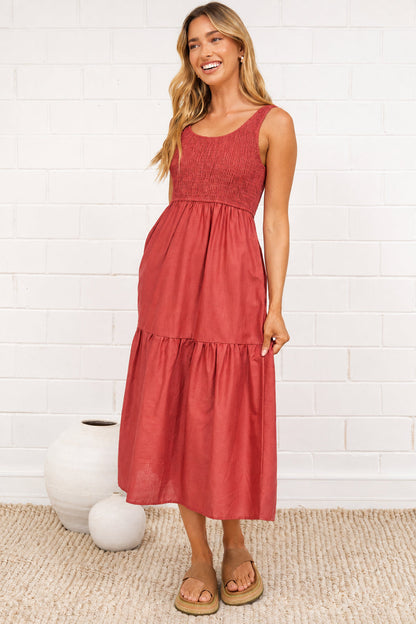 Sarlie Midi Dress - Shirred Bodice Cotton/Linen Blend Tiered Dress in Rust