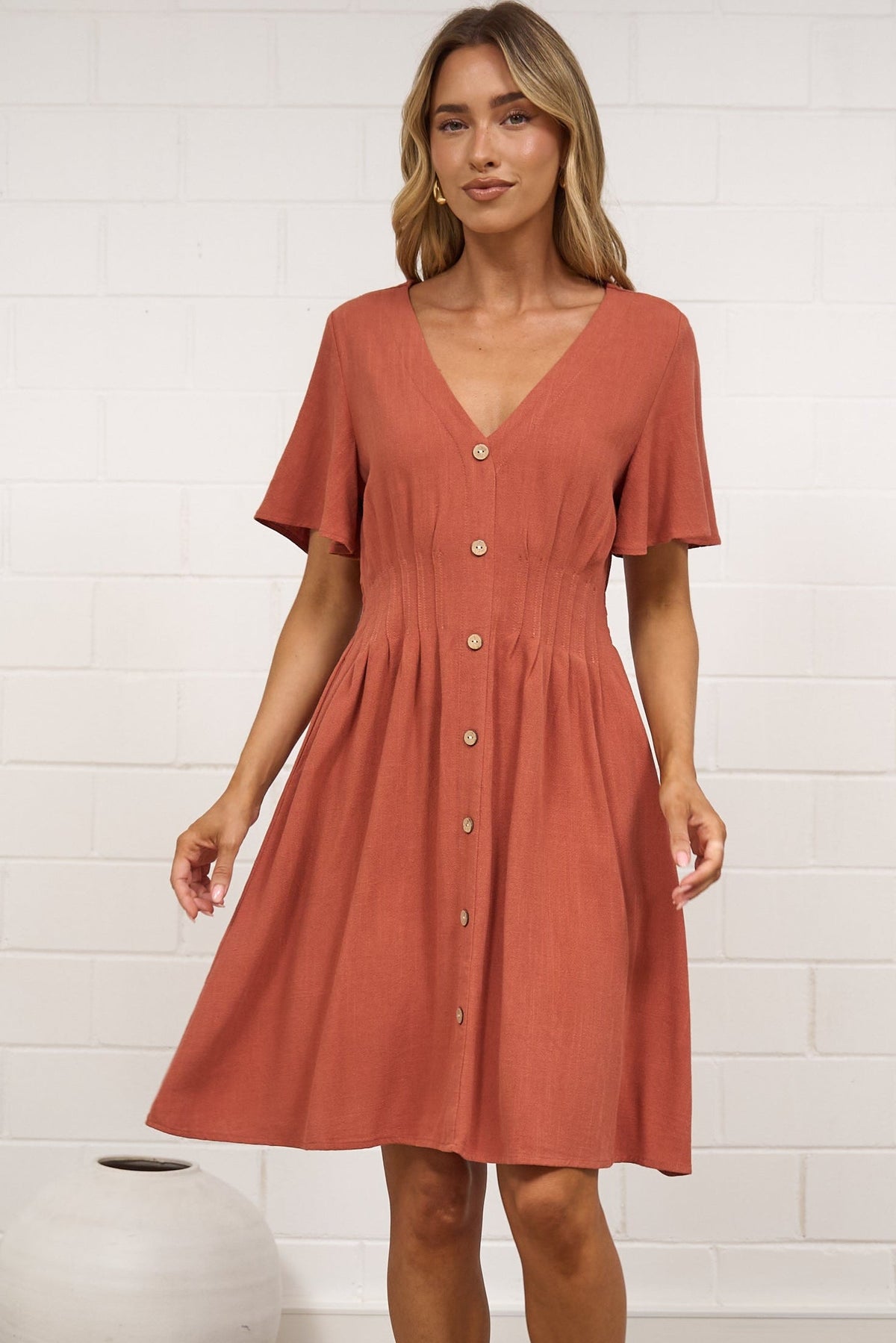 Karin Mini Dress - V Neck Flutter Sleeve Mini with Decorative Front Button Placket in Rust