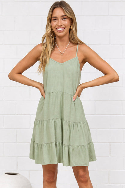 Kaisa Mini Dress - Tiered Sun Dress with Adjustable Straps in Sage