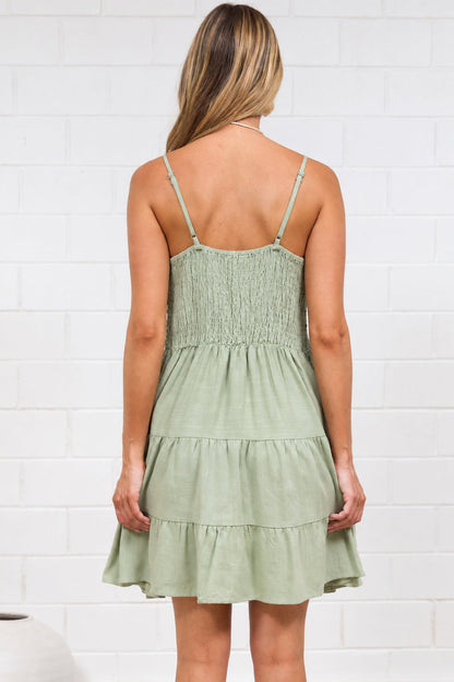 Kaisa Mini Dress - Tiered Sun Dress with Adjustable Straps in Sage